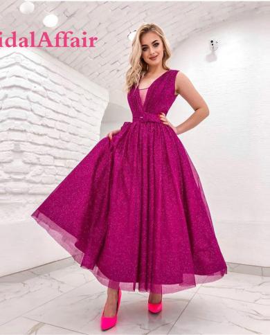 bridalaffair glitter fuchsia 2023 שמלות ערב באורך הקרסול V צווארון שימר שמלות נשף נשים כלה שמלת מסיבות חלוק ד